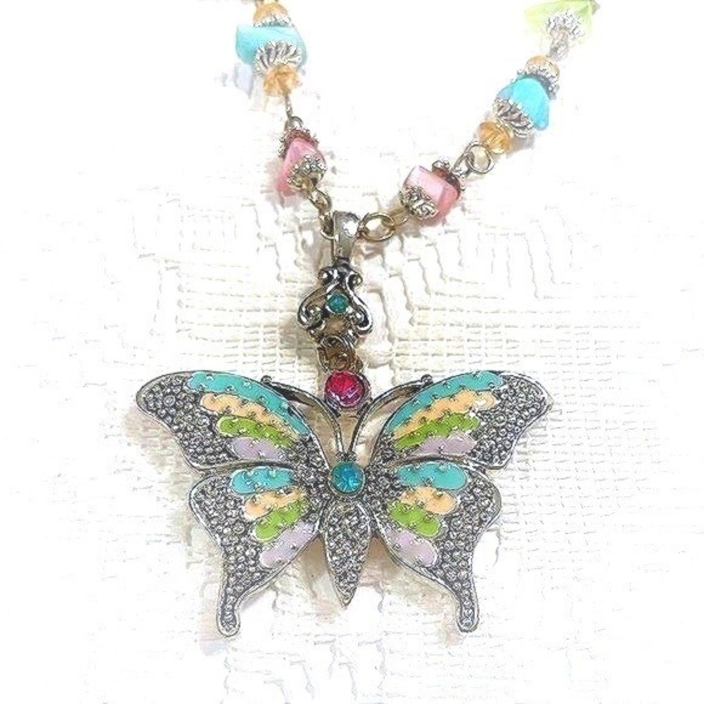 Butterfly Pendant Necklace Multicolor Enamel Rhinestone